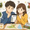 金運神社選びで悩みながらスマホで情報を調べる男女のイラスト