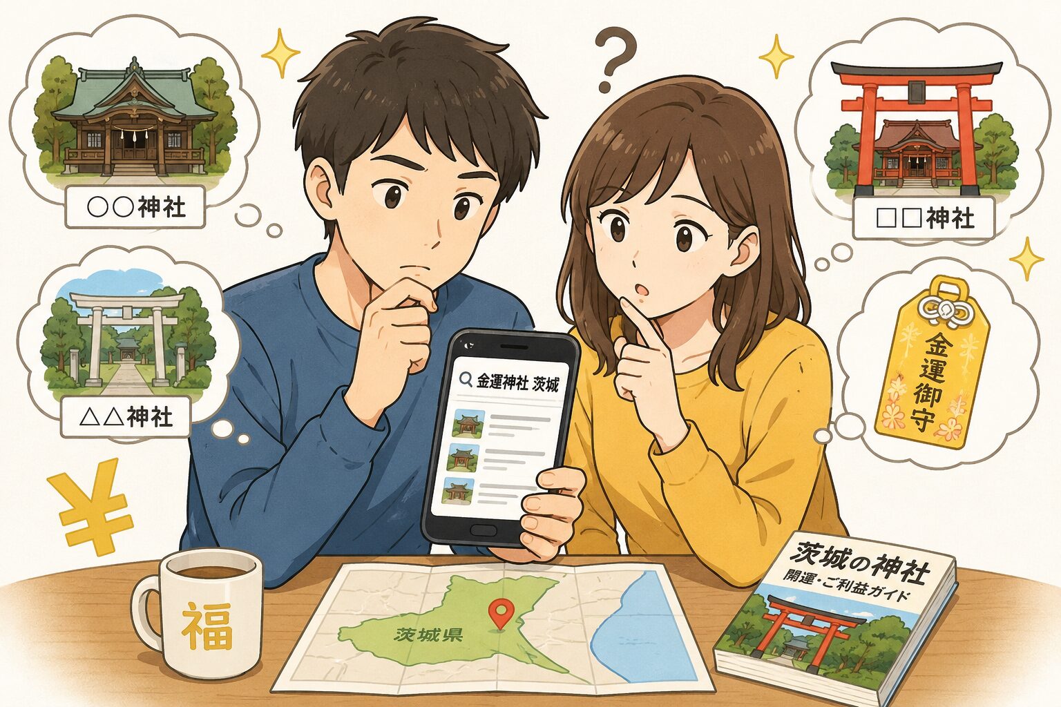 金運神社選びで悩みながらスマホで情報を調べる男女のイラスト