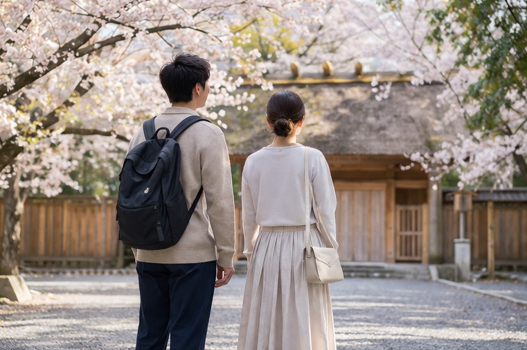 伊勢神宮で一般参拝や正式参拝をする際の服装例を季節ごとにまとめたイメージ