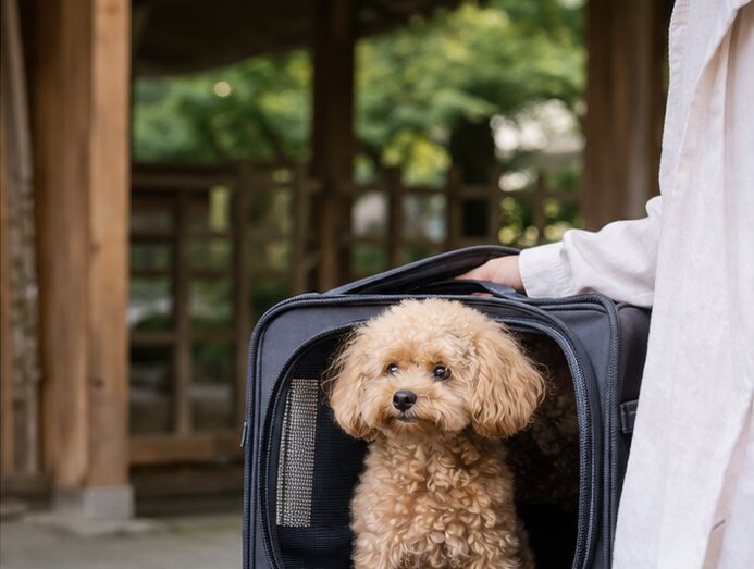伊勢神宮参拝前に犬を預けるイメージのキャリーバッグに入った犬