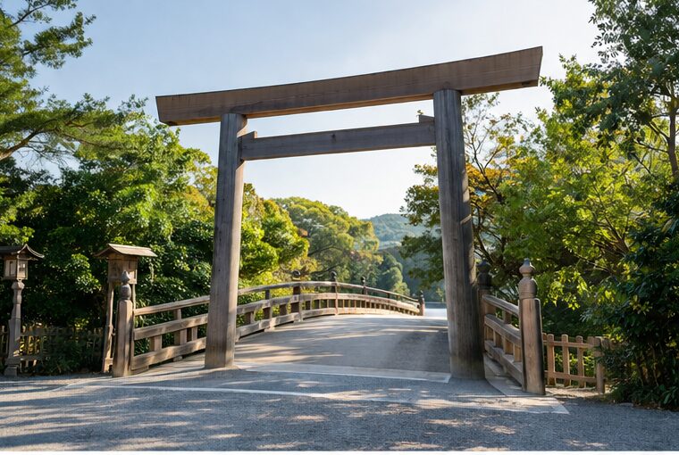 伊勢神宮内宮の宇治橋と大鳥居の神聖な参道風景