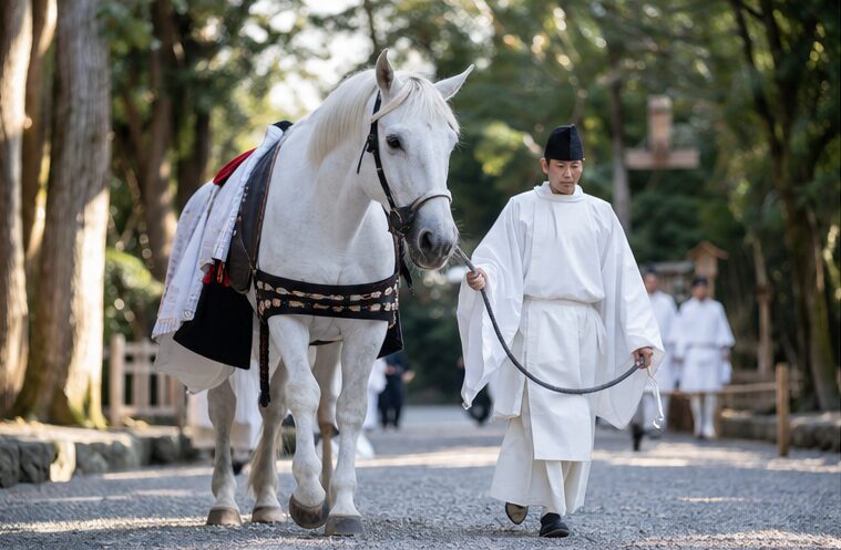 神職に導かれて正宮へ向かう伊勢神宮の神馬参拝