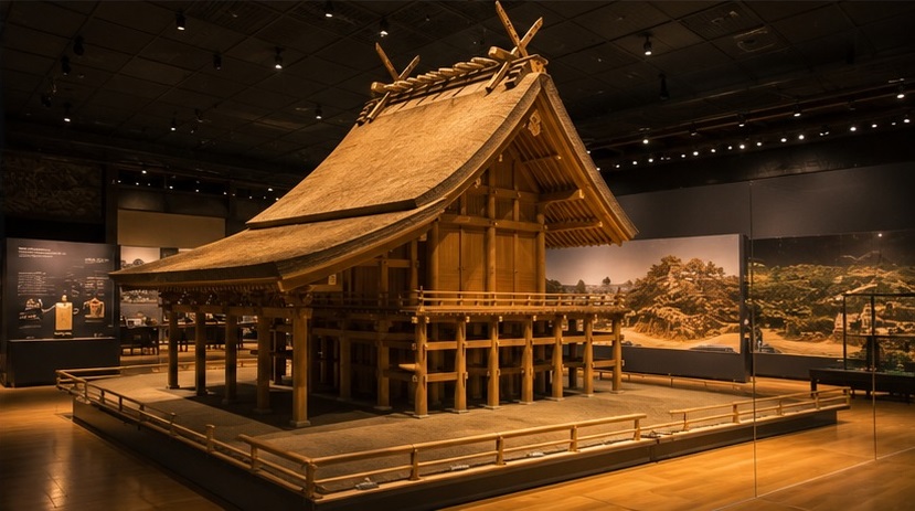 島根県立古代出雲歴史博物館に展示された古代出雲大社本殿の復元模型