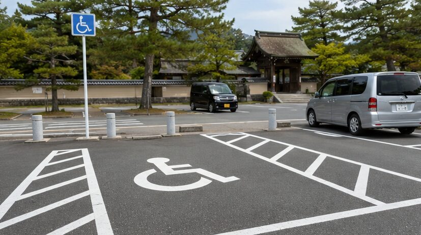 出雲大社の車椅子利用者向けバリアフリー駐車場と広い乗降スペースのイメージ