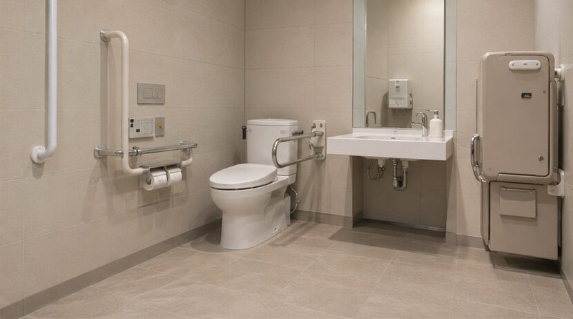 出雲大社の車椅子対応多目的トイレをイメージした広い室内と手すり付き設備