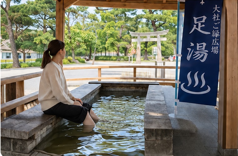 出雲大社近くの道の駅「大社ご縁広場」の足湯で休憩する観光客