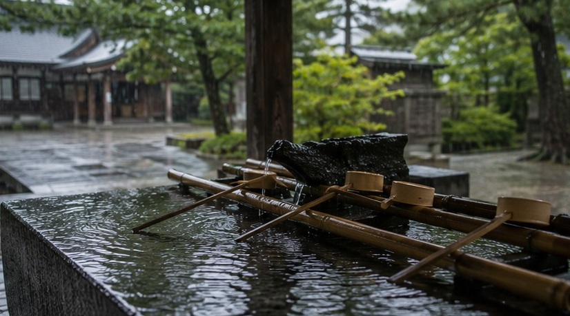 雨の日の出雲大社で雨粒が落ちる手水舎と静かな境内の風景