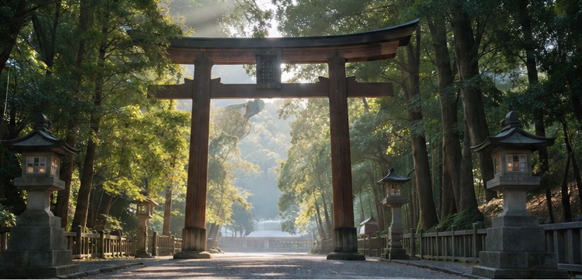 出雲大社の大鳥居へ続く参道と木々に囲まれた神聖な景観