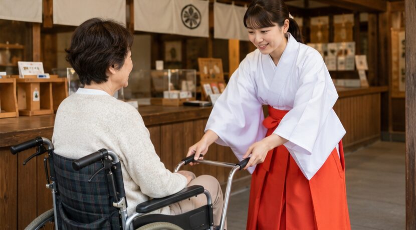 出雲大社の社務所で日本人の巫女が車椅子利用者を案内する様子のイメージ