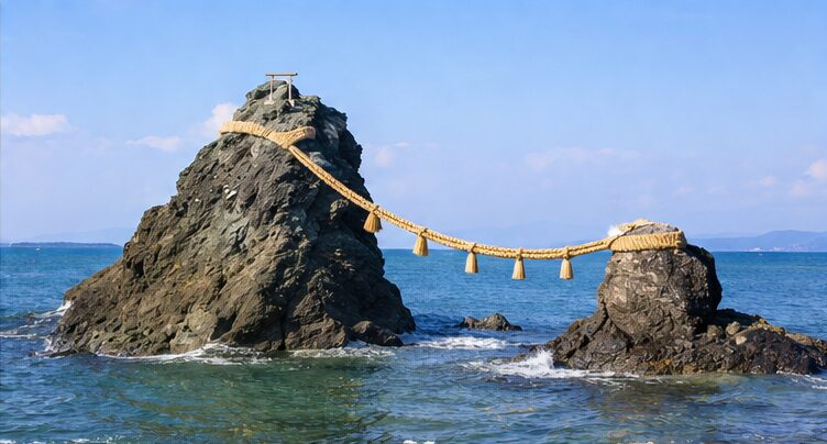 二見興玉神社の夫婦岩。縁結びや夫婦円満の象徴として知られる伊勢の人気パワースポット。