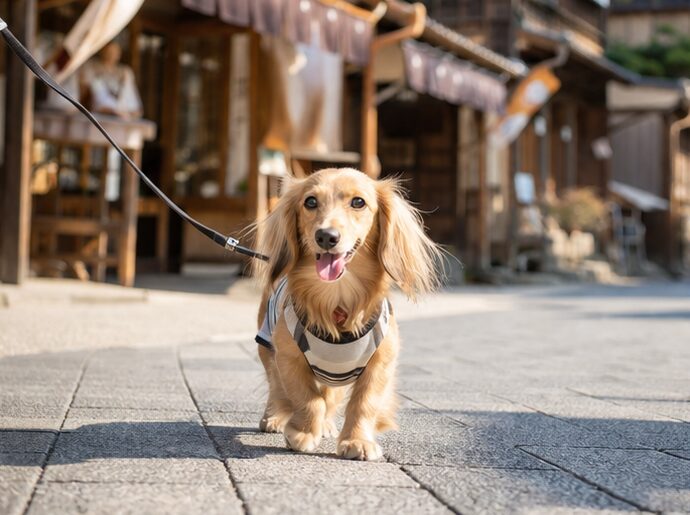 おかげ横丁を犬連れで散策する様子をイメージした風景