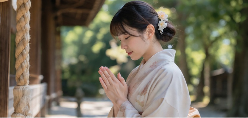 出雲大社で静かに手を合わせて良縁を祈願する日本人女性の参拝風景