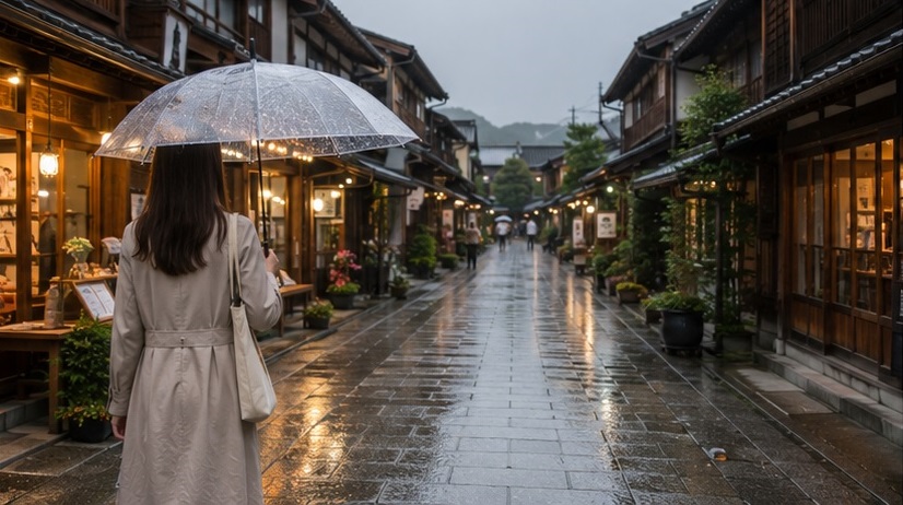 雨の日に傘を差して散策する神門通りと情緒ある出雲大社門前の街並み