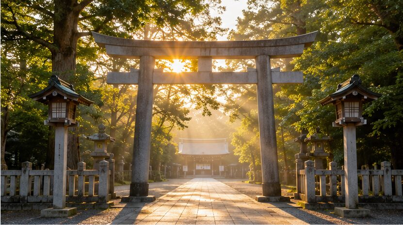一粒万倍日の朝に参拝したい静かな神社の鳥居と朝日が差し込む参道