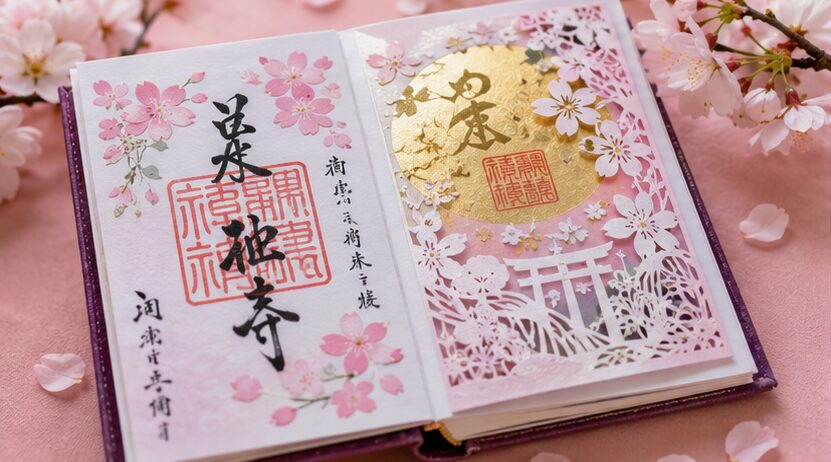 一粒万倍日限定御朱印をイメージした華やかな御朱印帳と桜の風景