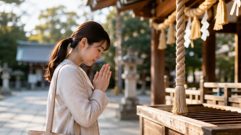 一粒万倍日に日本の神社で感謝を込めて参拝する女性の様子